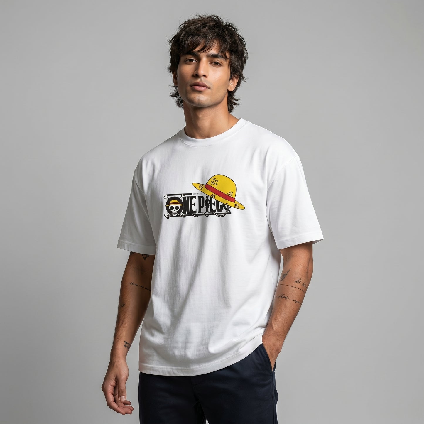 BEEKULT Straw Hat Graphic Oversized T-Shirt – White